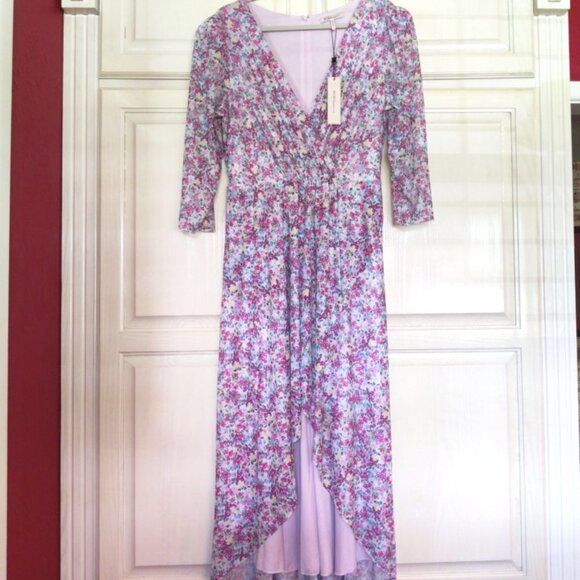 BCBGeneration 3/4 Sleeve, Faux Wrap, High Low Dress in Pink Floral, Sz 14, NWT - Picture 1 of 10